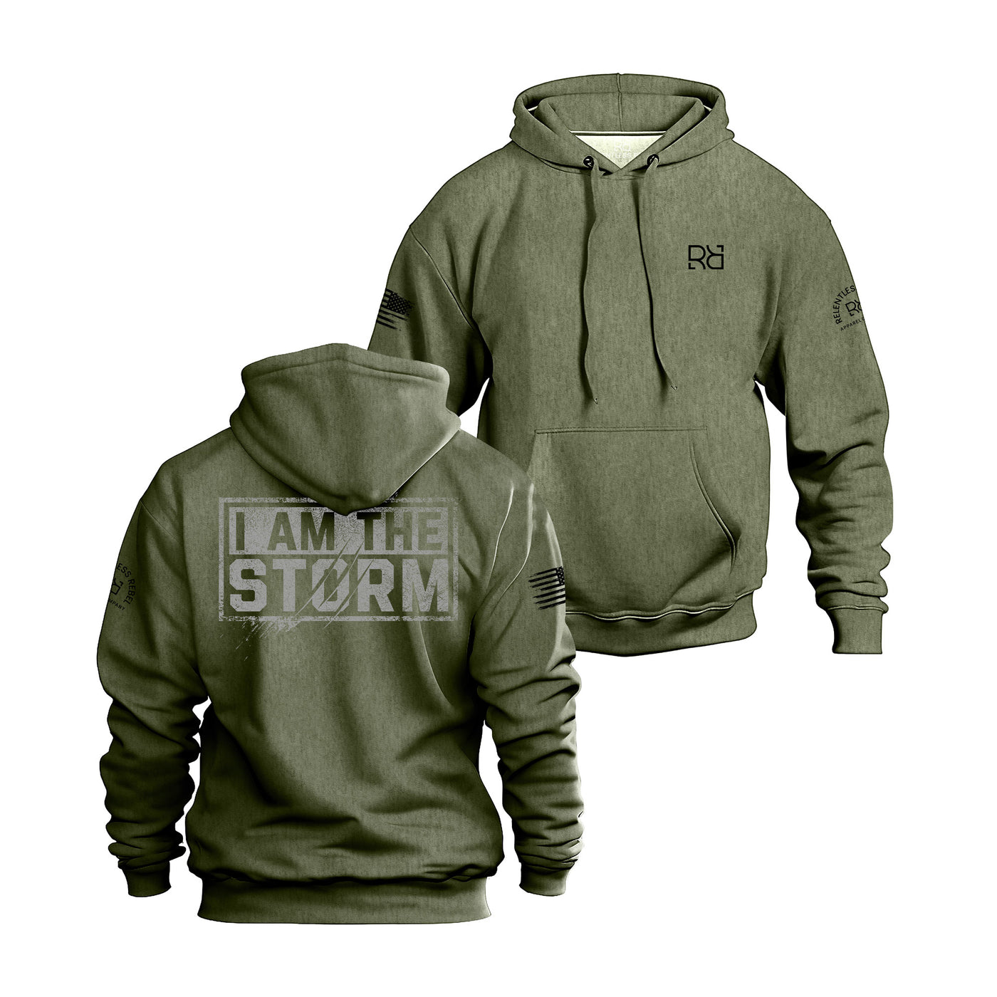 Military Green Men's I Am The Storm Back Design Hoodie