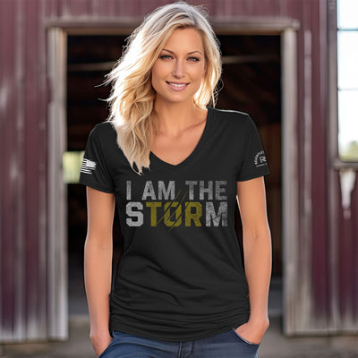 Woman wearing Solid Black Women's I Am The Storm Front Design V-Neck Tee