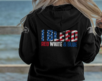 Woman wearing Solid Black Women's I Bleed Red White & Blue Back Design Hoodie