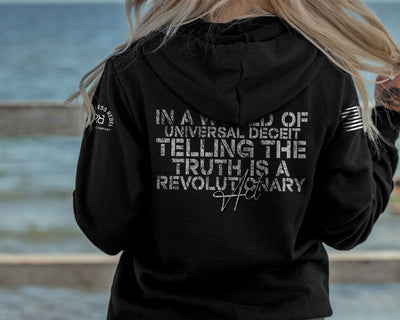 Woman wearing Solid Black Women's In a World of Universal Deceit... Back Design Hoodie