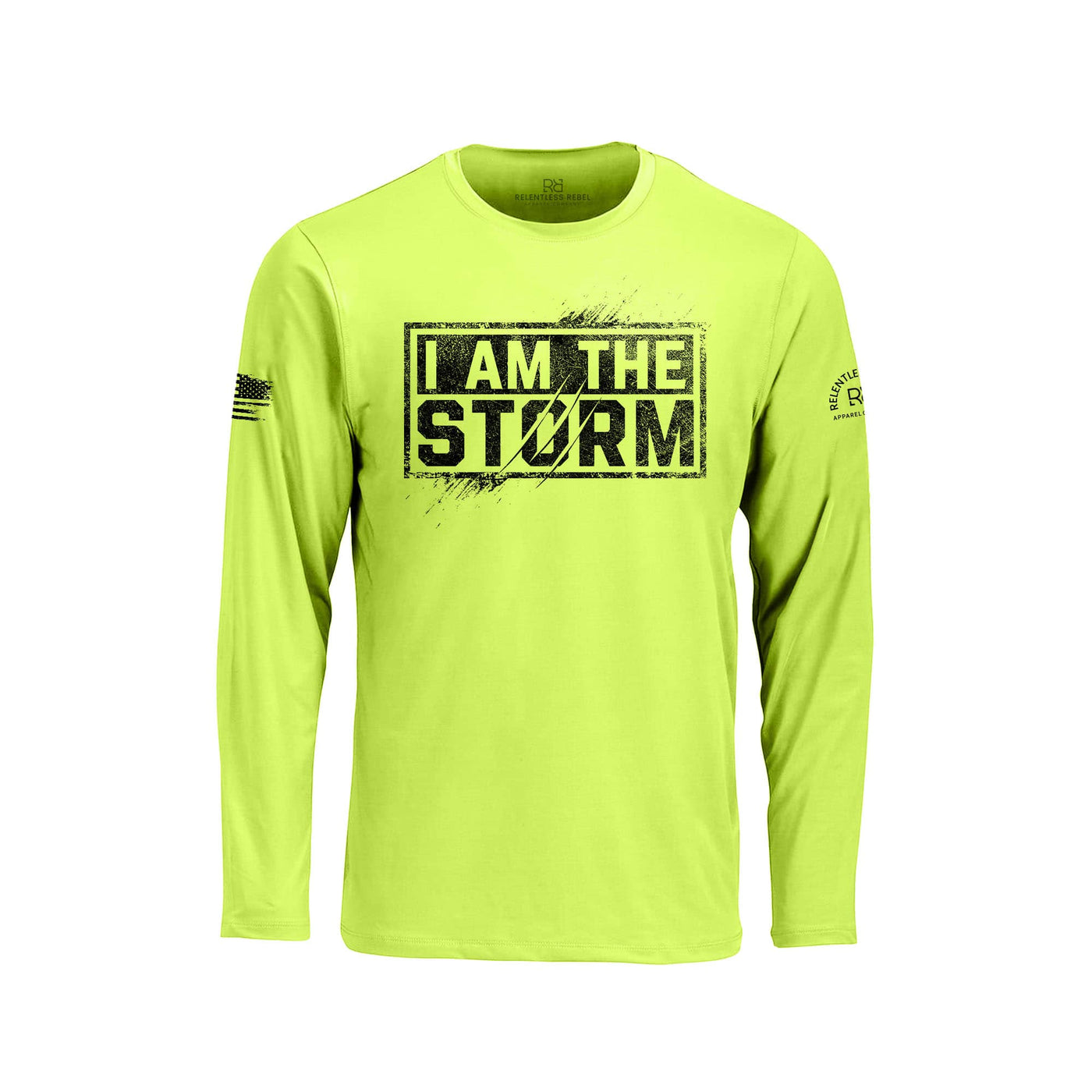 Safety Green long-sleeve shirt with 'I AM THE STORM' text on a white background