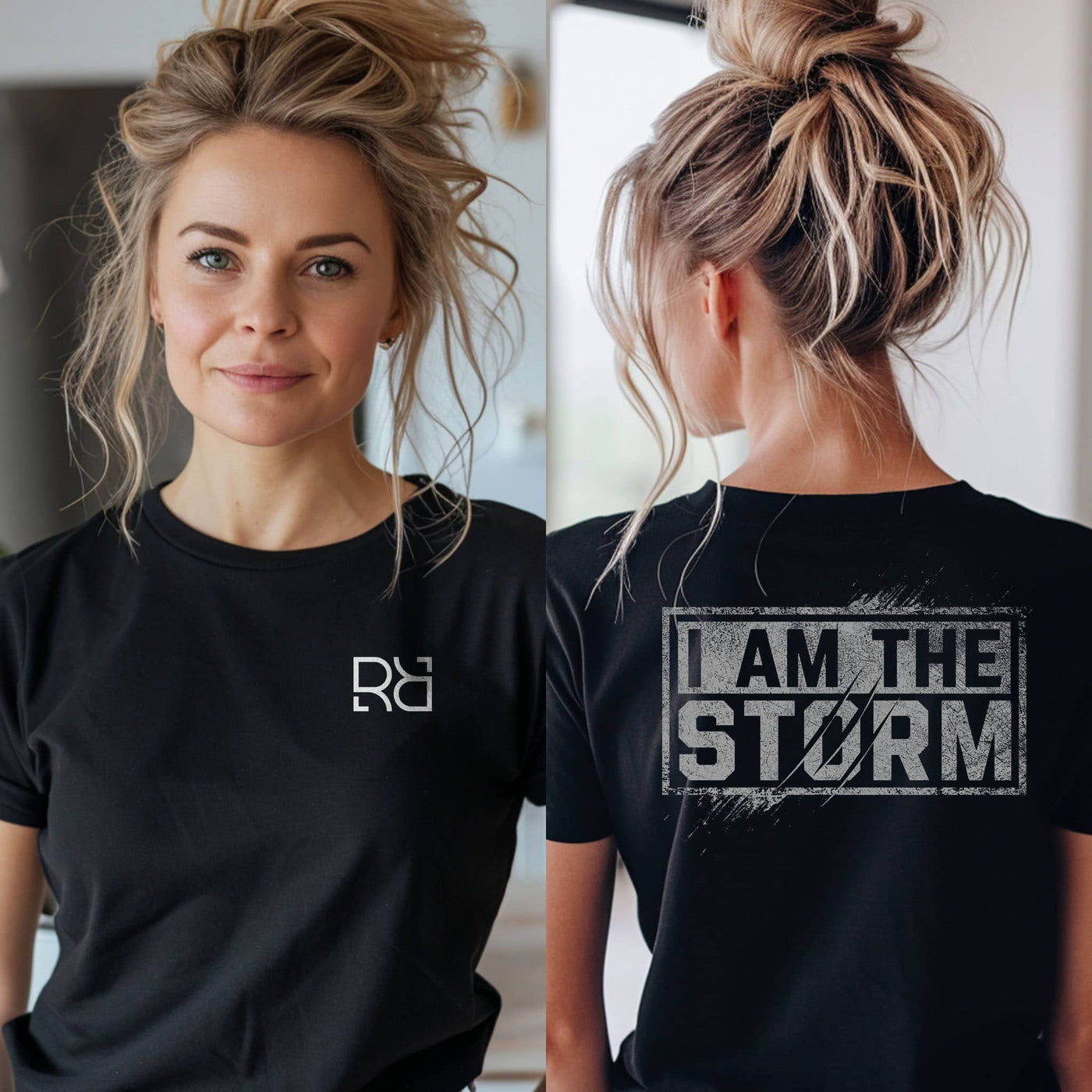 Person wearing a black t-shirt with a logo on the front and 'I AM THE STORM' text on the back.