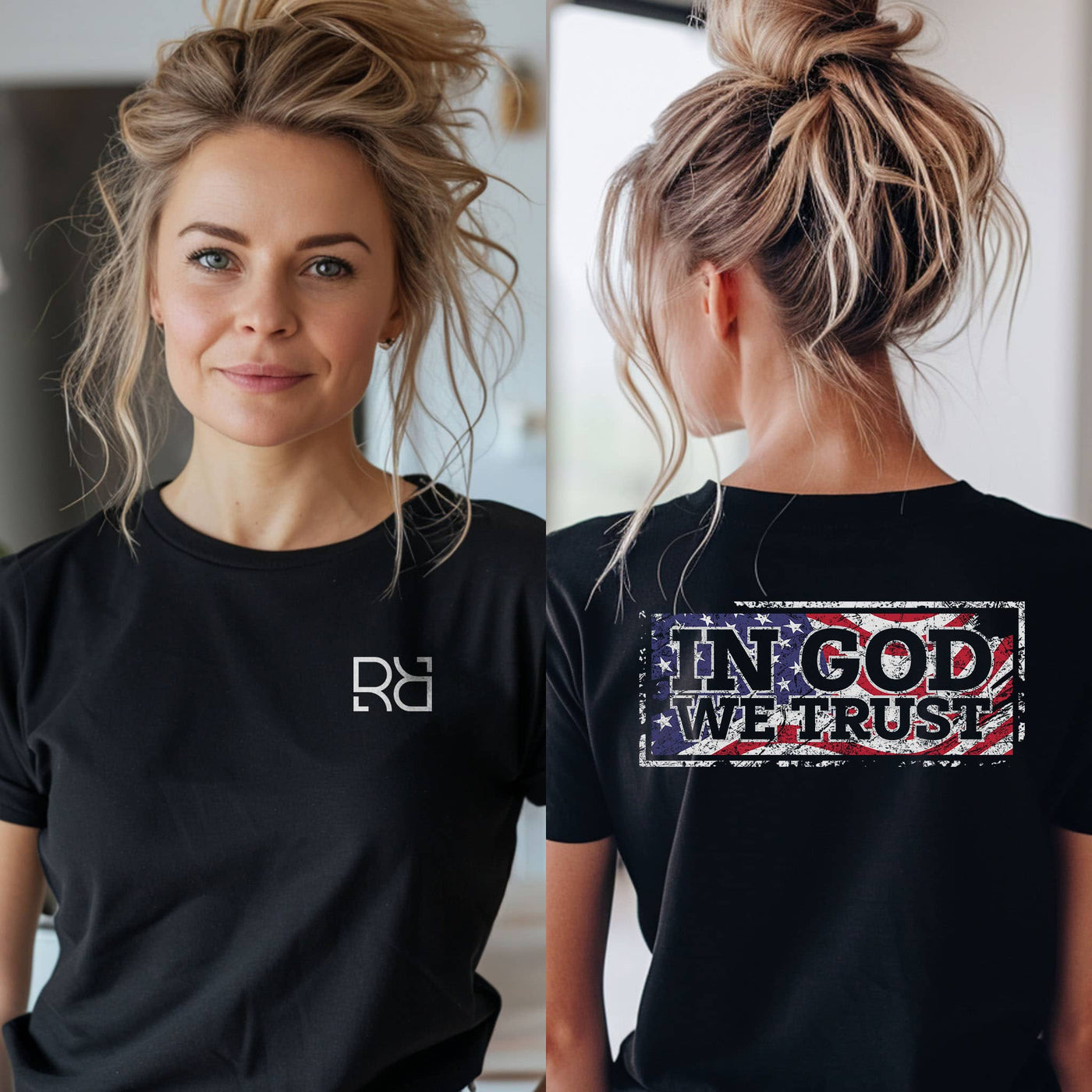 Person wearing a black t-shirt with 'In God We Trust' design on the back.