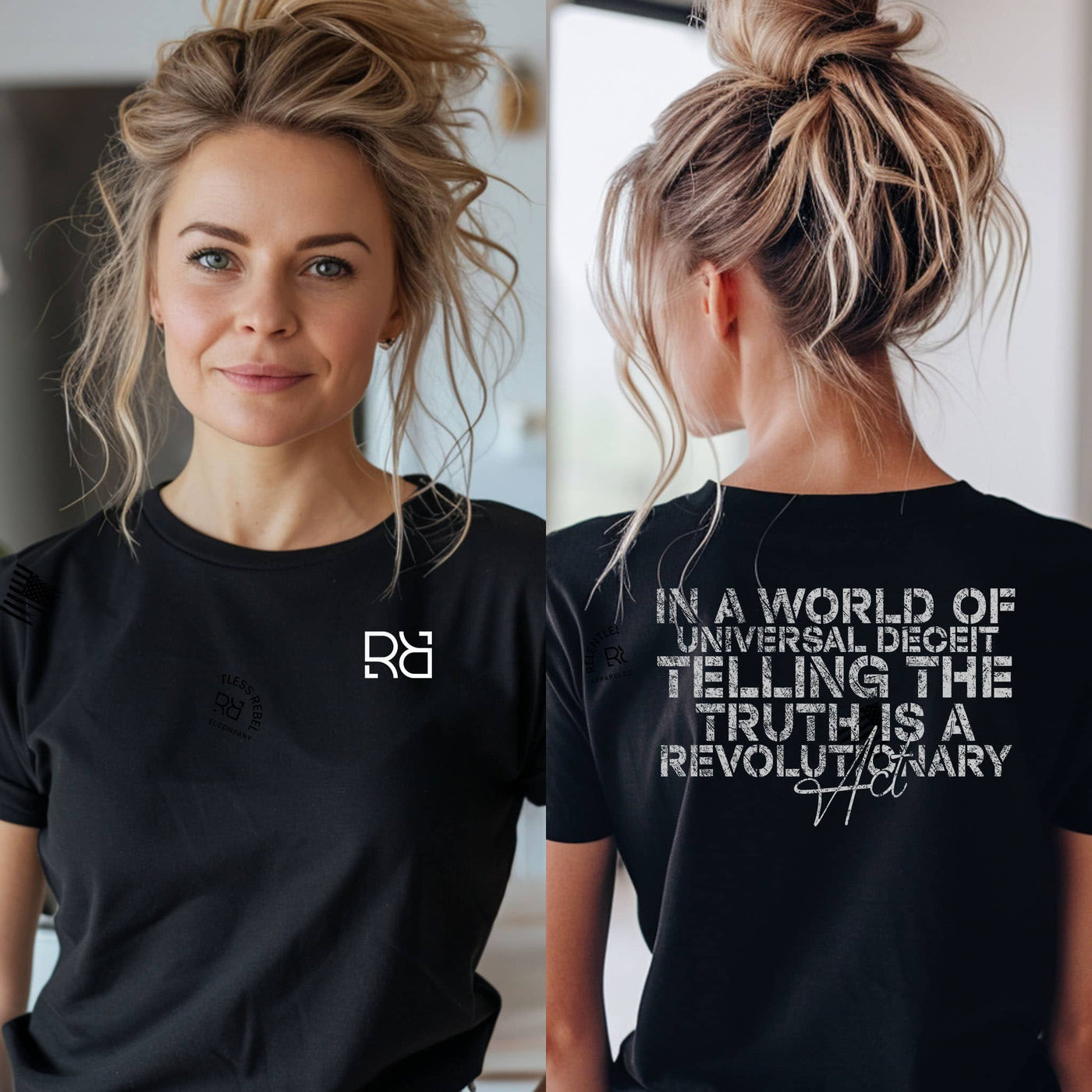 Person wearing a black t-shirt with a logo on the front and text on the back.