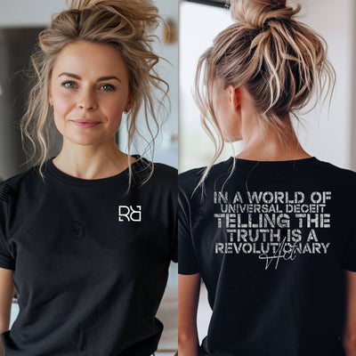 Person wearing a black t-shirt with a logo on the front and text on the back.