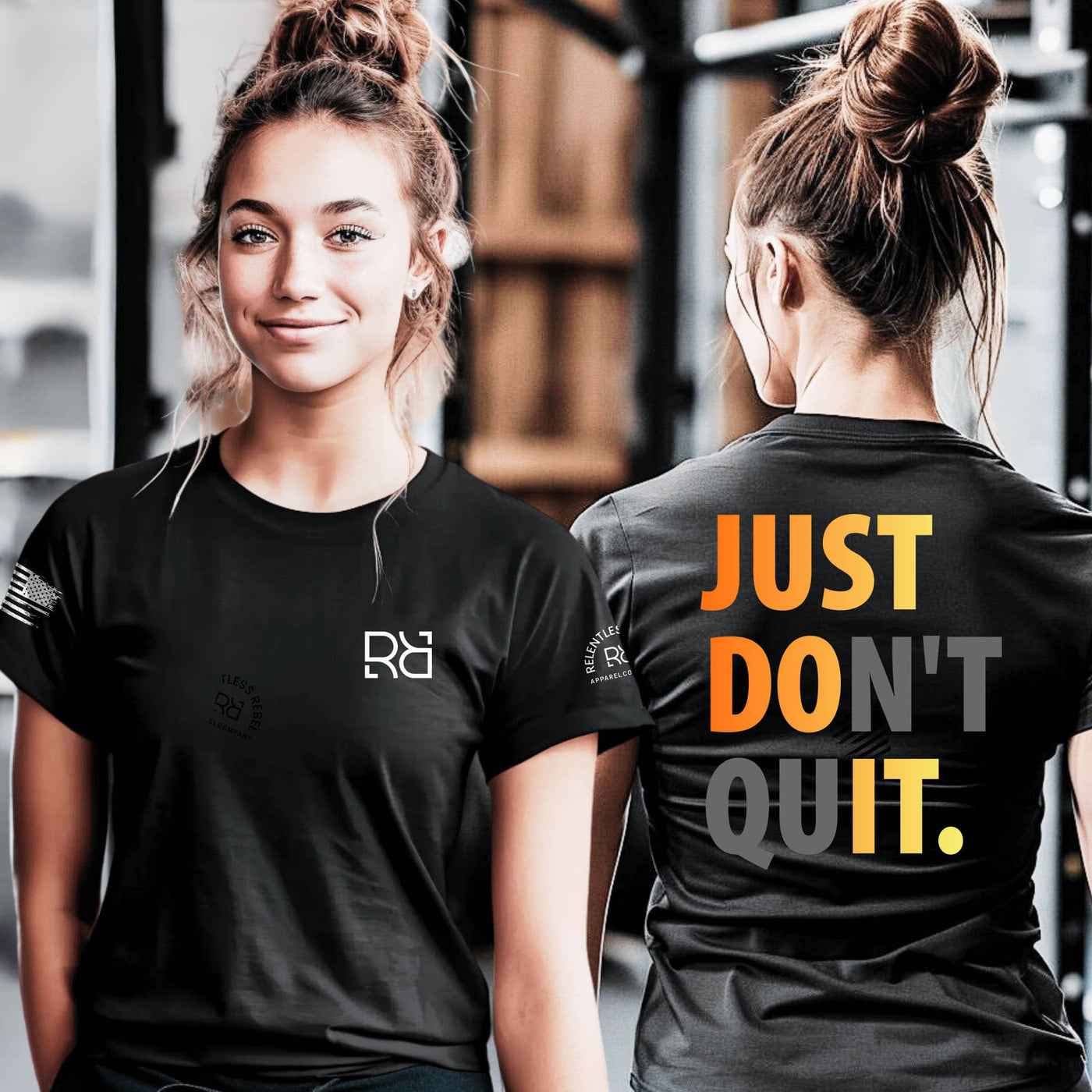 Woman wearing a black t-shirt with a logo on the front and 'JUST DON'T QUIT.' text on the back in a gym setting.