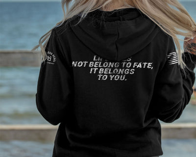 Woman wearing Black Women's Life Does Not Belong To Fate - It Belongs to You Back Design Hoodie