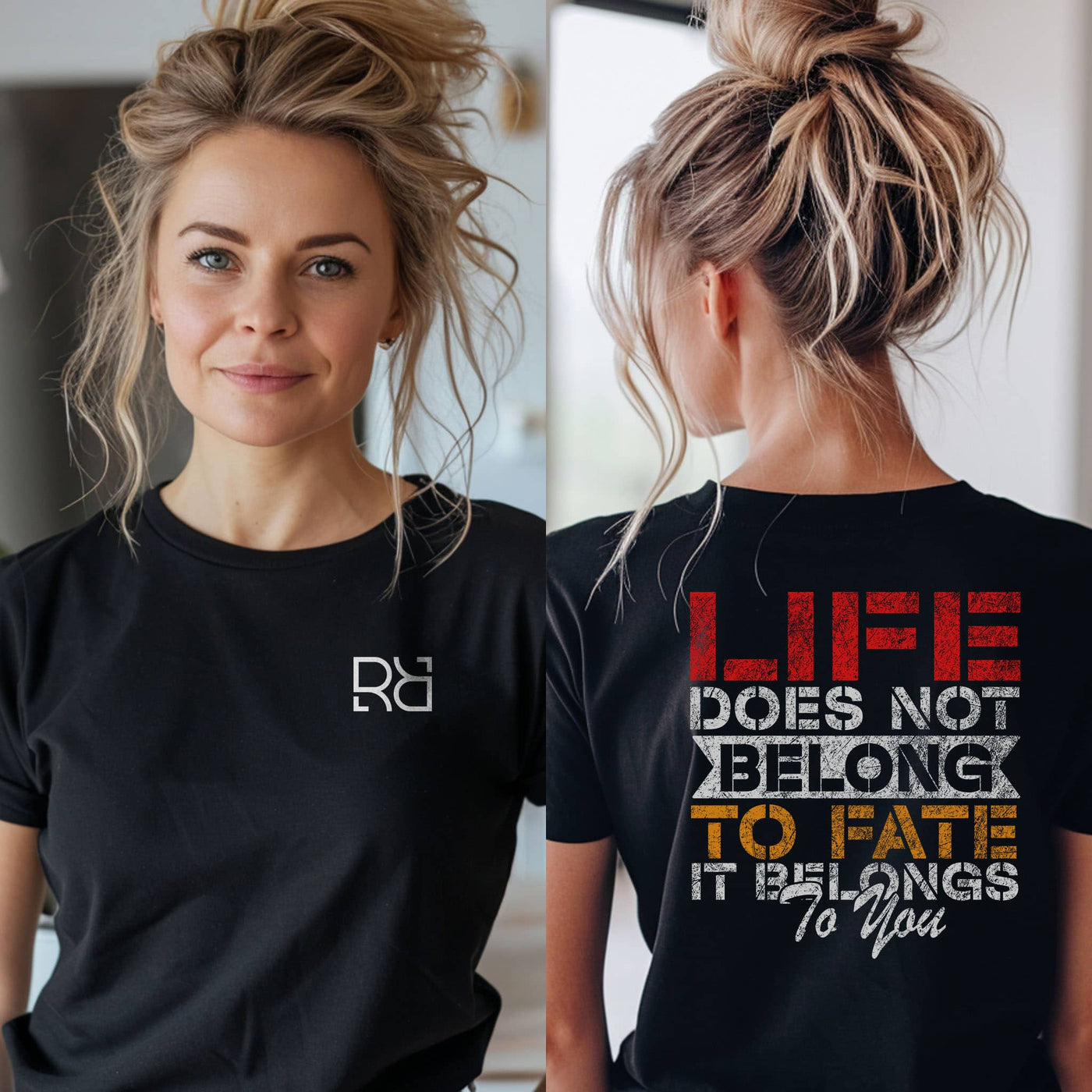 Woman wearing a black t-shirt with a logo on the front and motivational quote on the back.