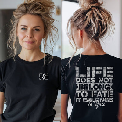 Woman wearing a black t-shirt with a logo on the front and motivational quote on the back.