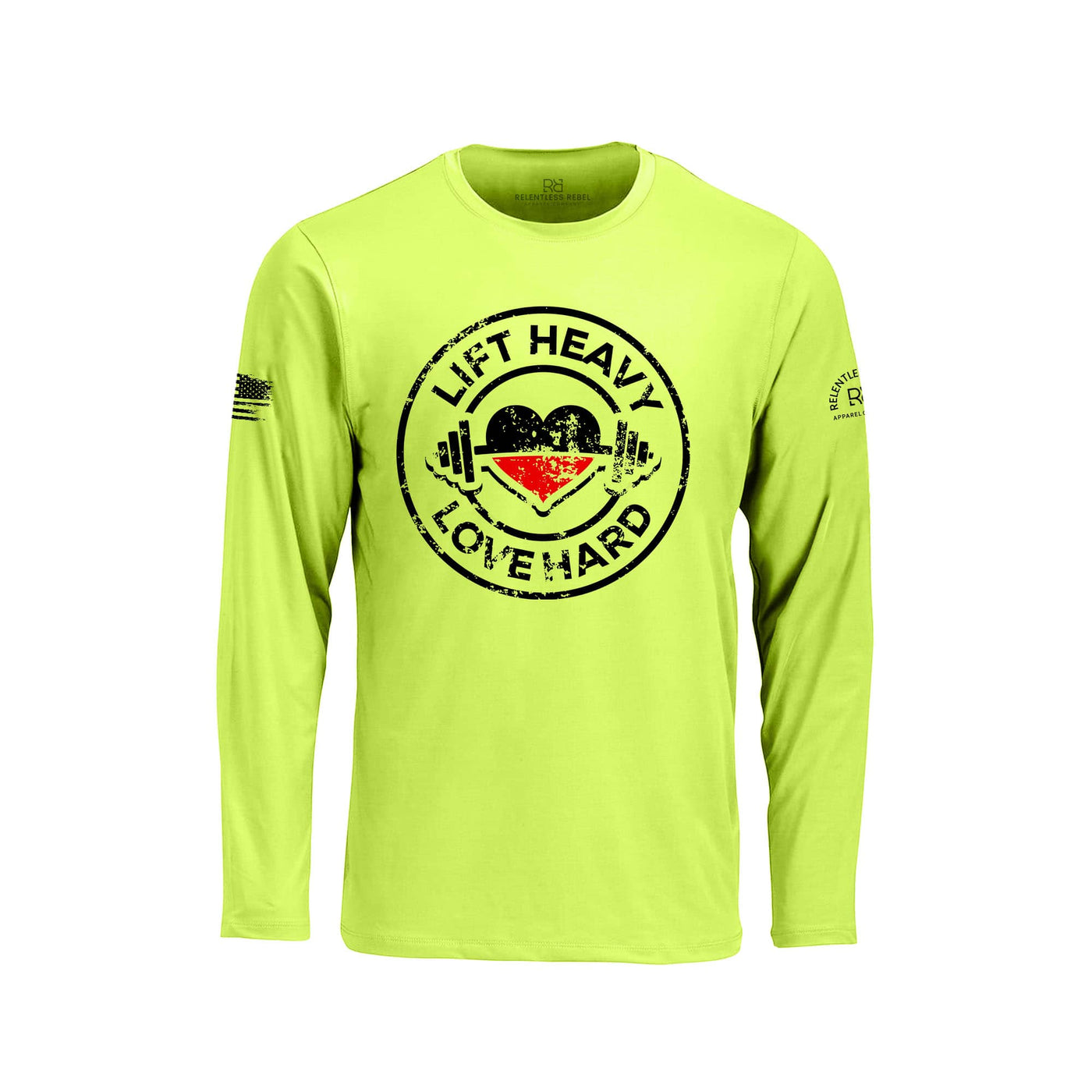 Safety Green long-sleeve shirt with 'Lift Heavy Love Hard' graphic on a white background