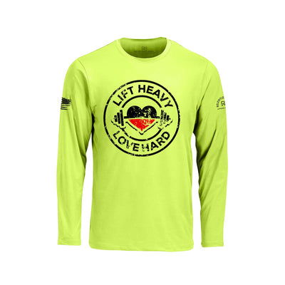 Safety Green long-sleeve shirt with 'Lift Heavy Love Hard' graphic on a white background