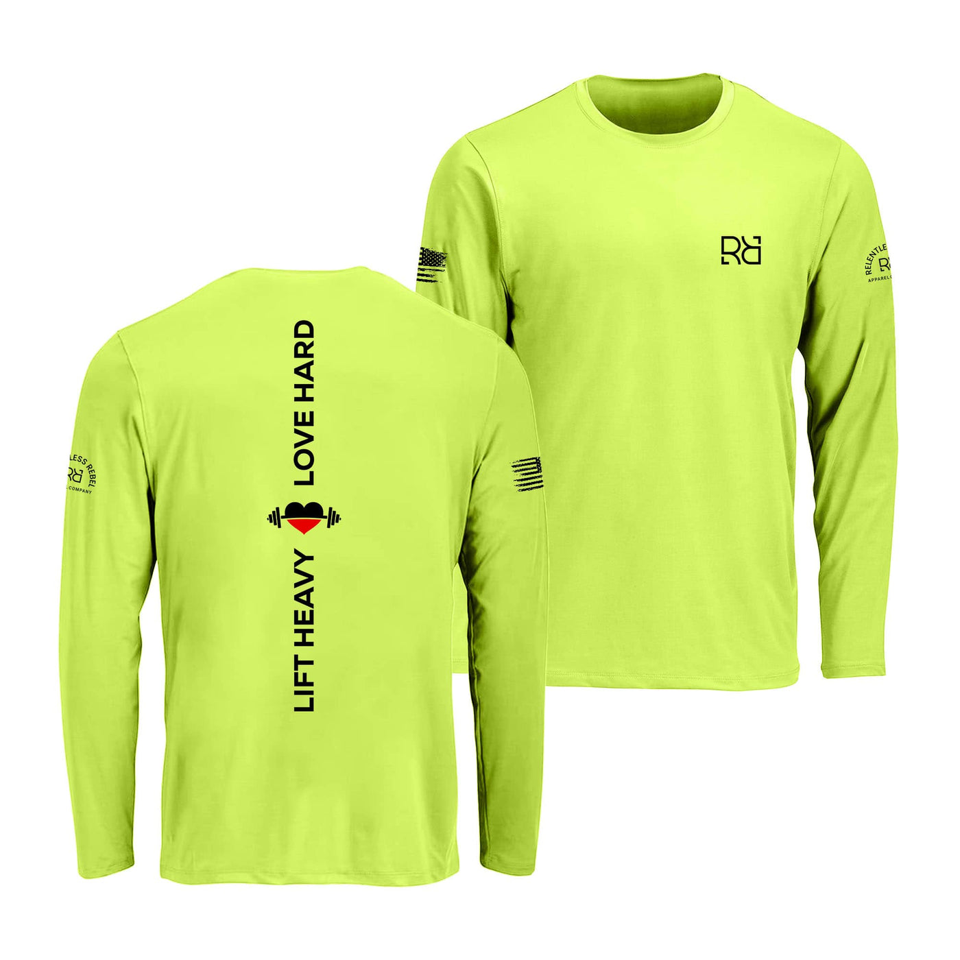 Safety green long-sleeve shirt with motivational text and logos on a white background