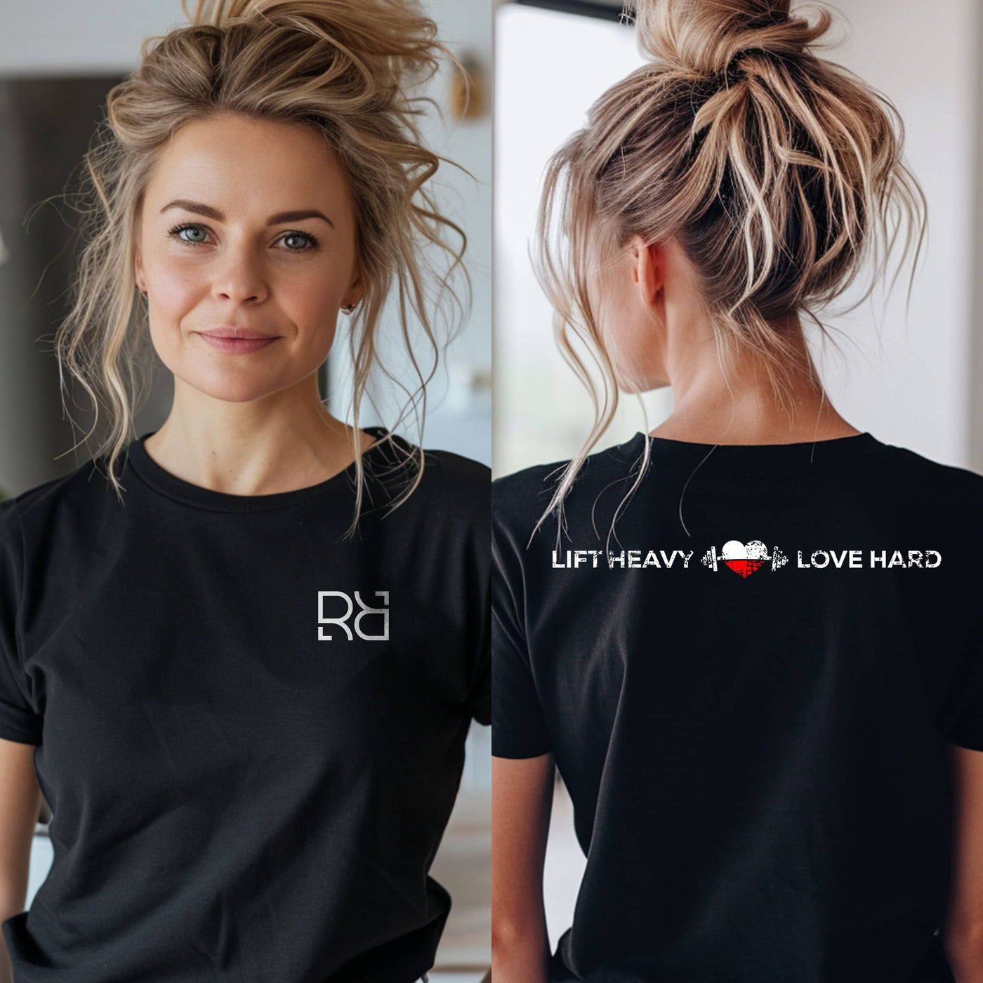 Person wearing a black t-shirt with a logo on the front and text on the back.