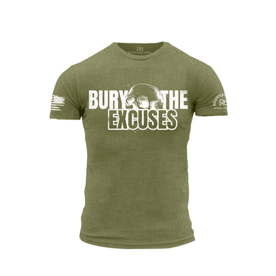 Military Green t-shirt with 'Bury the Excuses' text and skull graphic on a white background