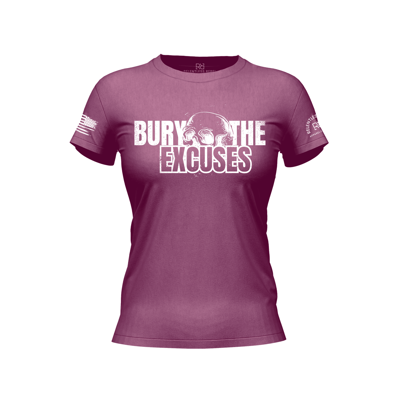 Magenta t-shirt with 'Bury The Excuses' text and skull design on a white background