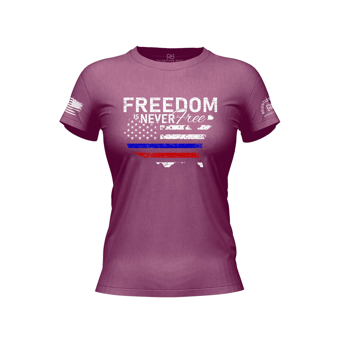 Magenta t-shirt with 'Freedom is Never Free' text and design on a white background