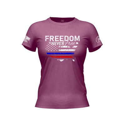 Magenta t-shirt with 'Freedom is Never Free' text and design on a white background