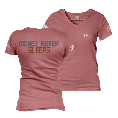 Mauve t-shirt with 'Money Never Sleeps' text and logo on a white background