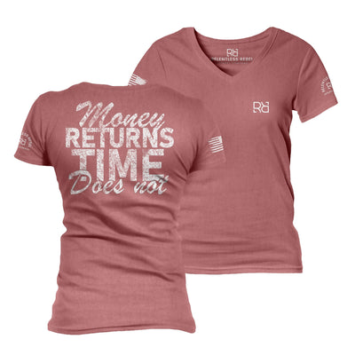 Mauve Money Returns Time Does Not Women's V-Neck Tee