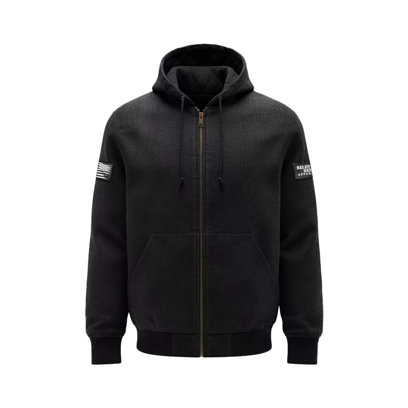 Men’s black field jacket with patches on each sleeve.