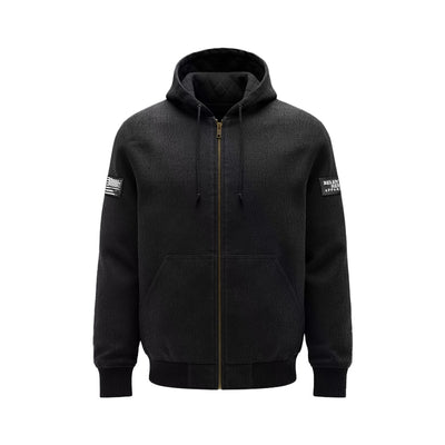 Men’s black field jacket with patches on each sleeve.