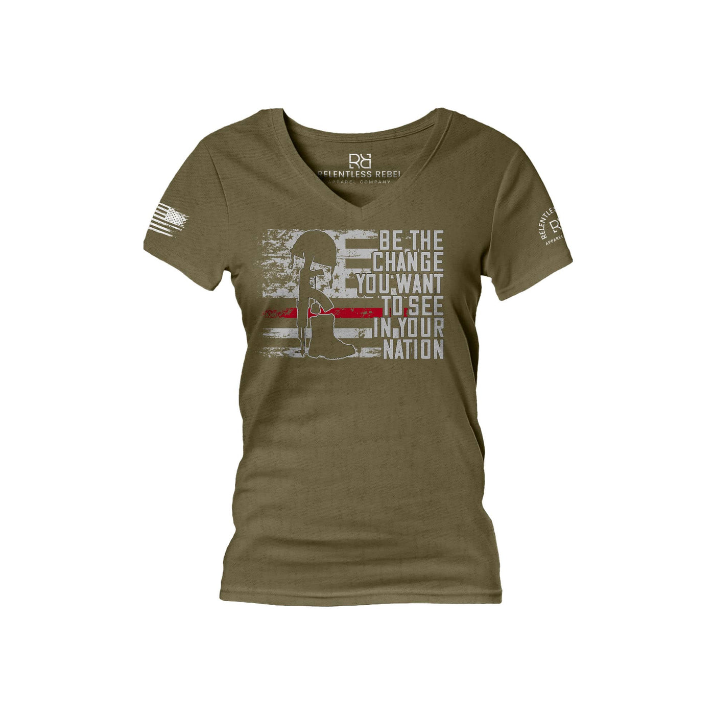 Military Green Be The Change Women's V-Neck Tee