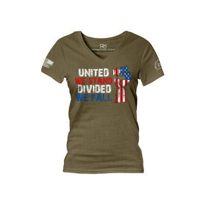 Military Green United We Stand Divided We Fall Women's V-Neck Tee