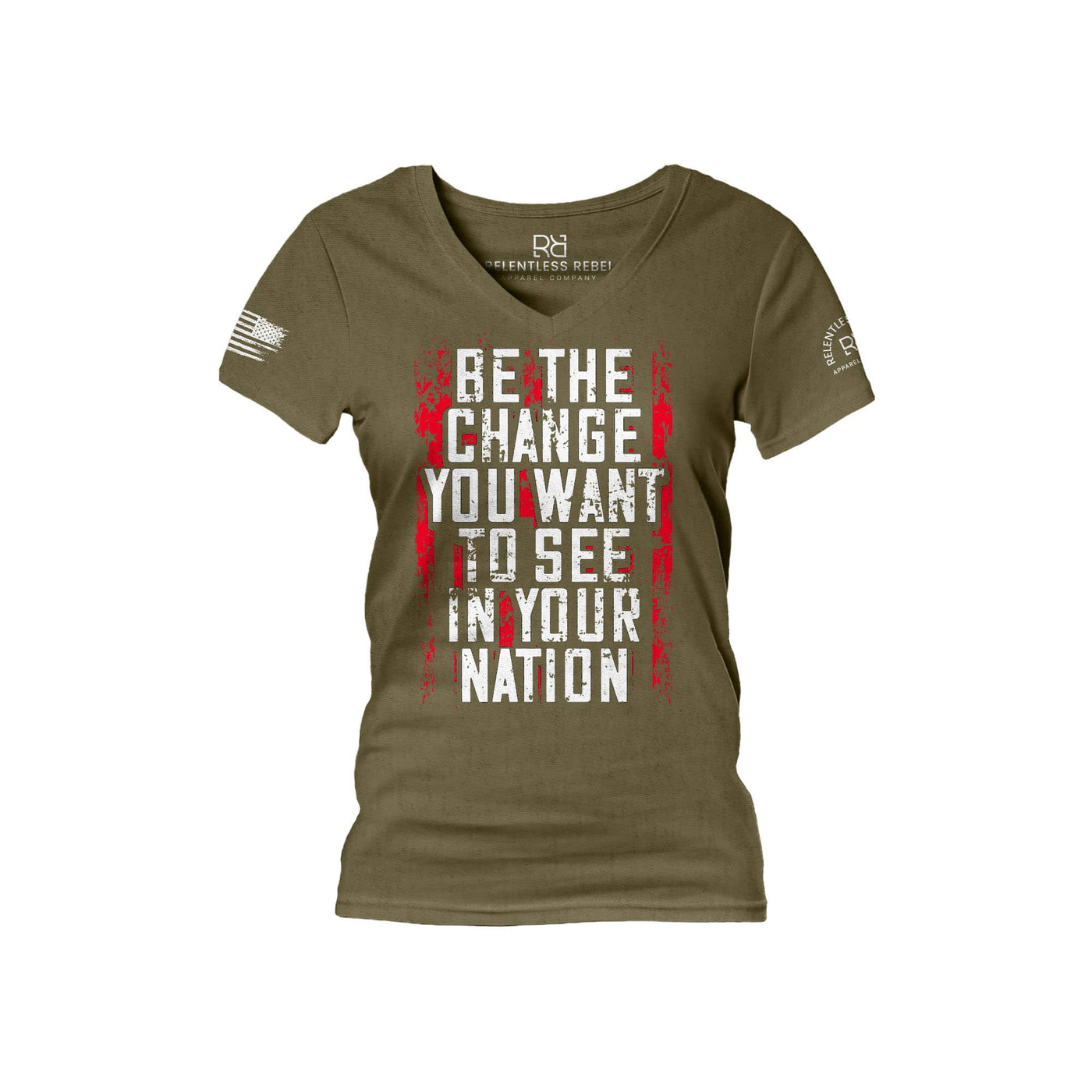 Military Green Be The Change Women's V-Neck Tee