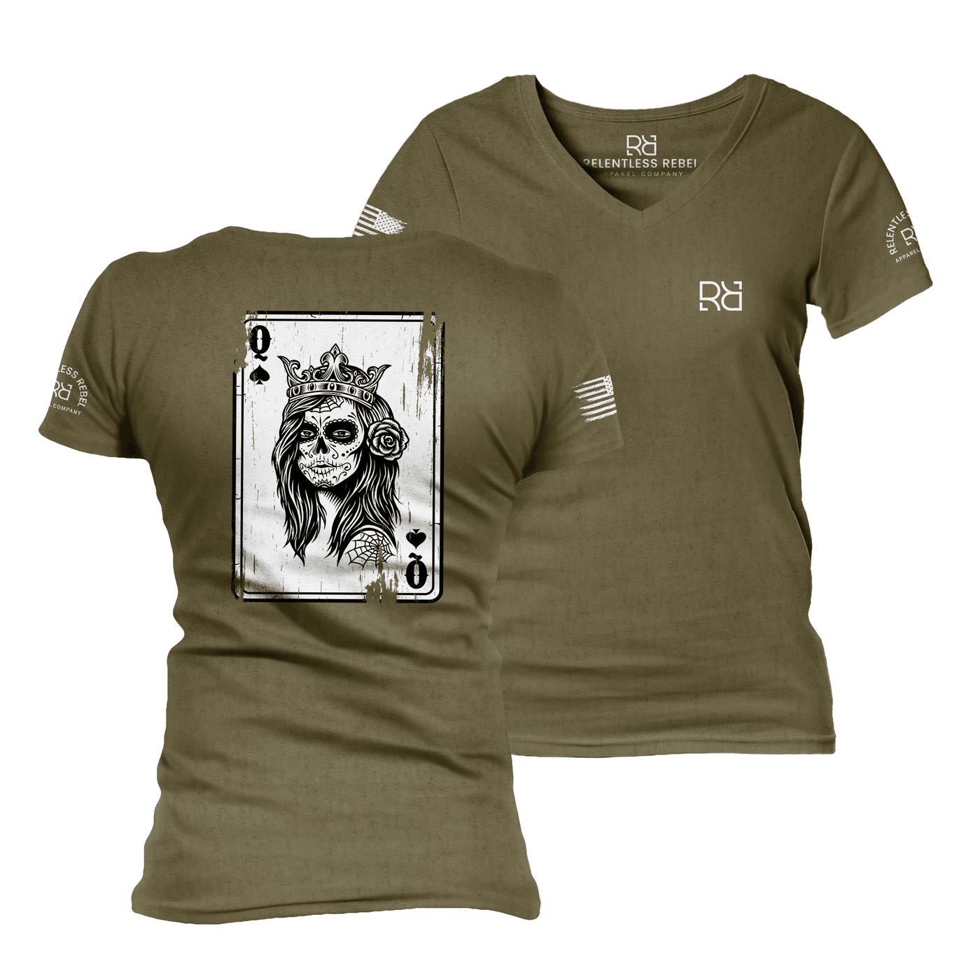 Rebel Queen Rebel Ace Military Green Women's VNeck Tee