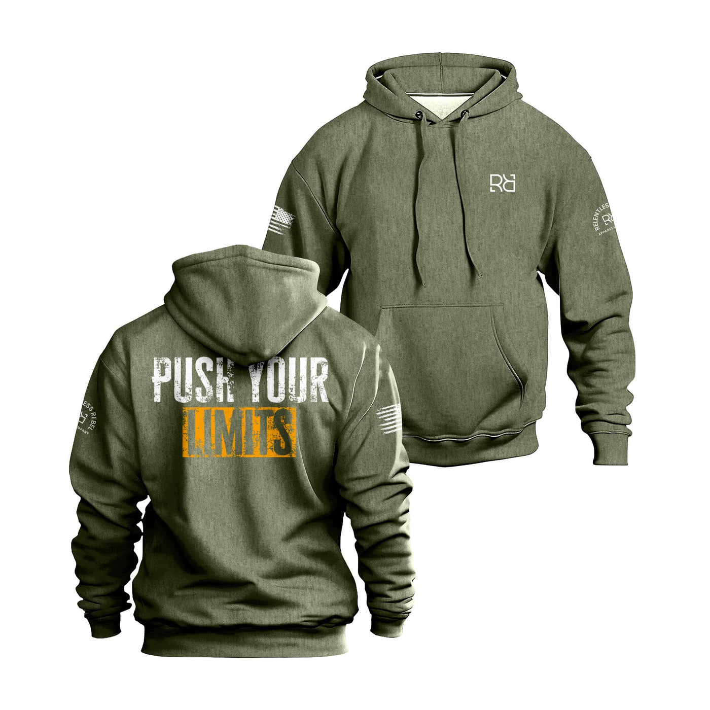 Military Green hoodie with front and back views on a white background