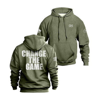 Military Green hoodie with 'Change The Game' text on the back, displayed from front and back views.