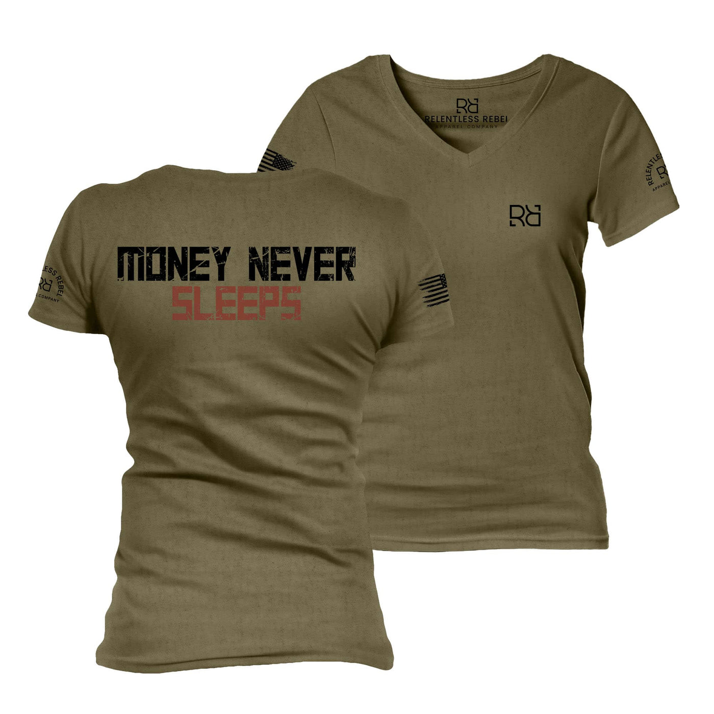 Military Green t-shirt with 'Money Never Sleeps' text and logo on a white background