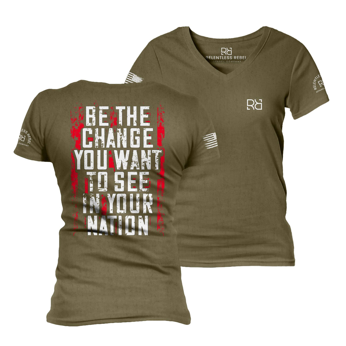 Military Green Be the Change Women's V-Neck Tee