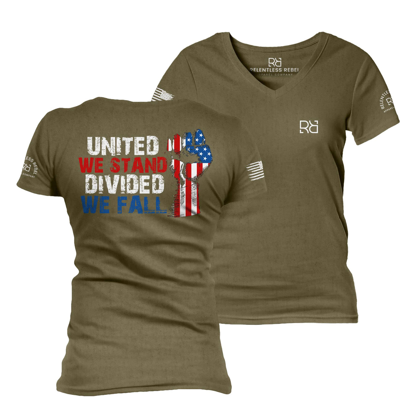 Military Green United We Stand Divided We Fall Women's V-Neck Tee