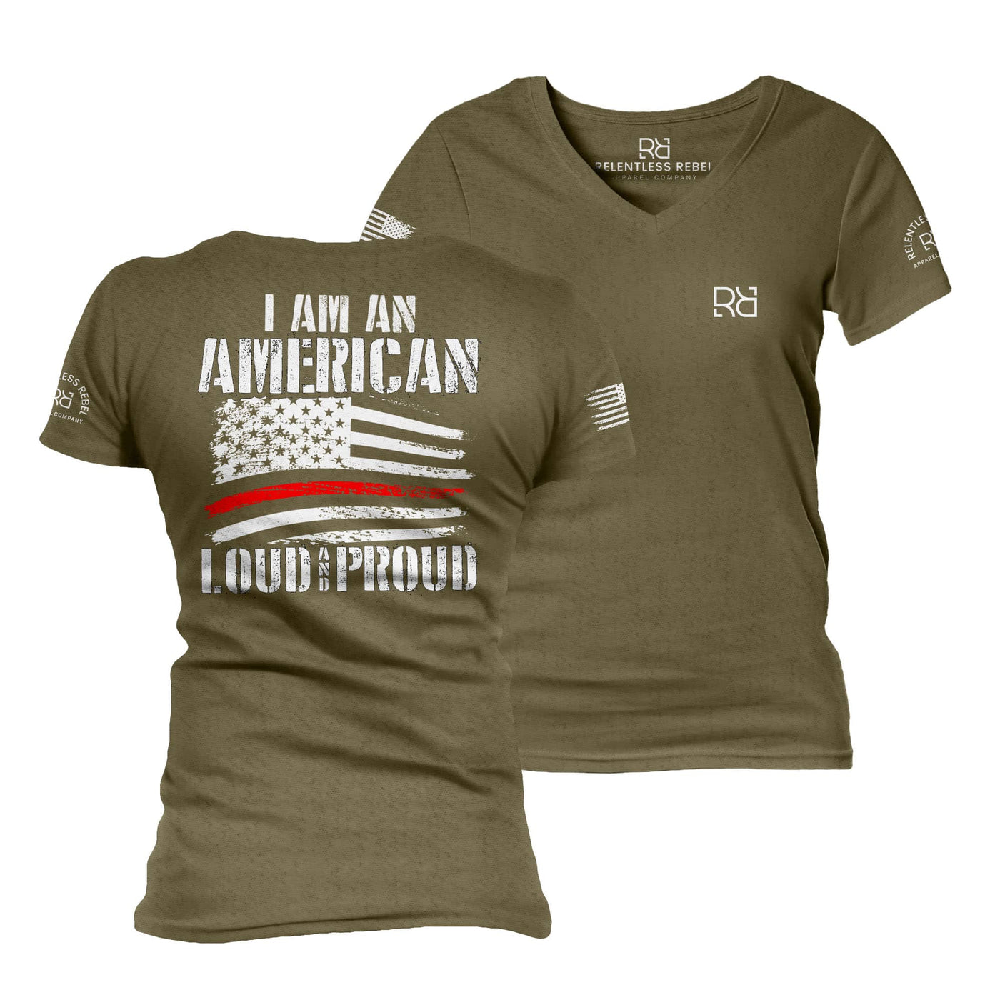 Military Green I Am An American Loud and Proud Women's V-Neck Tee