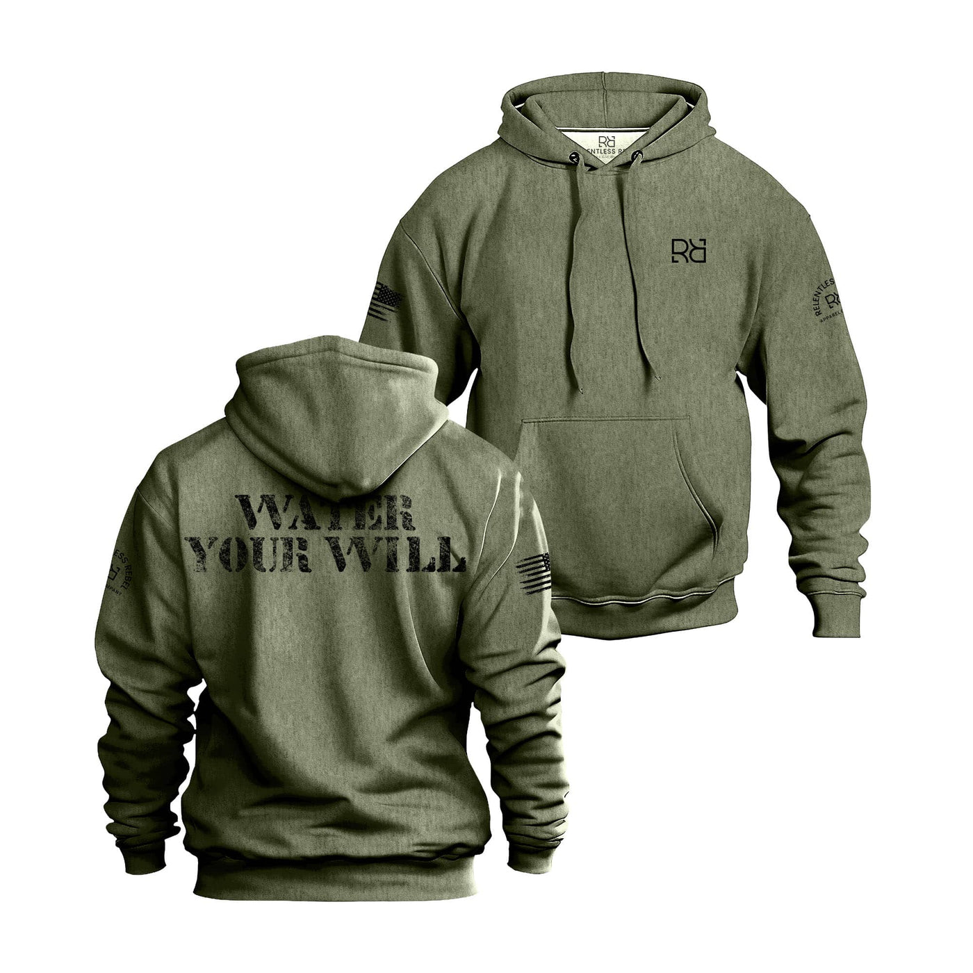 Military Green hoodie with front and back views on a white background