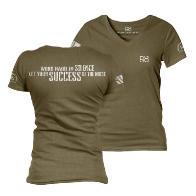 Military Green Work Hard in Silence Women's V-Neck Tee