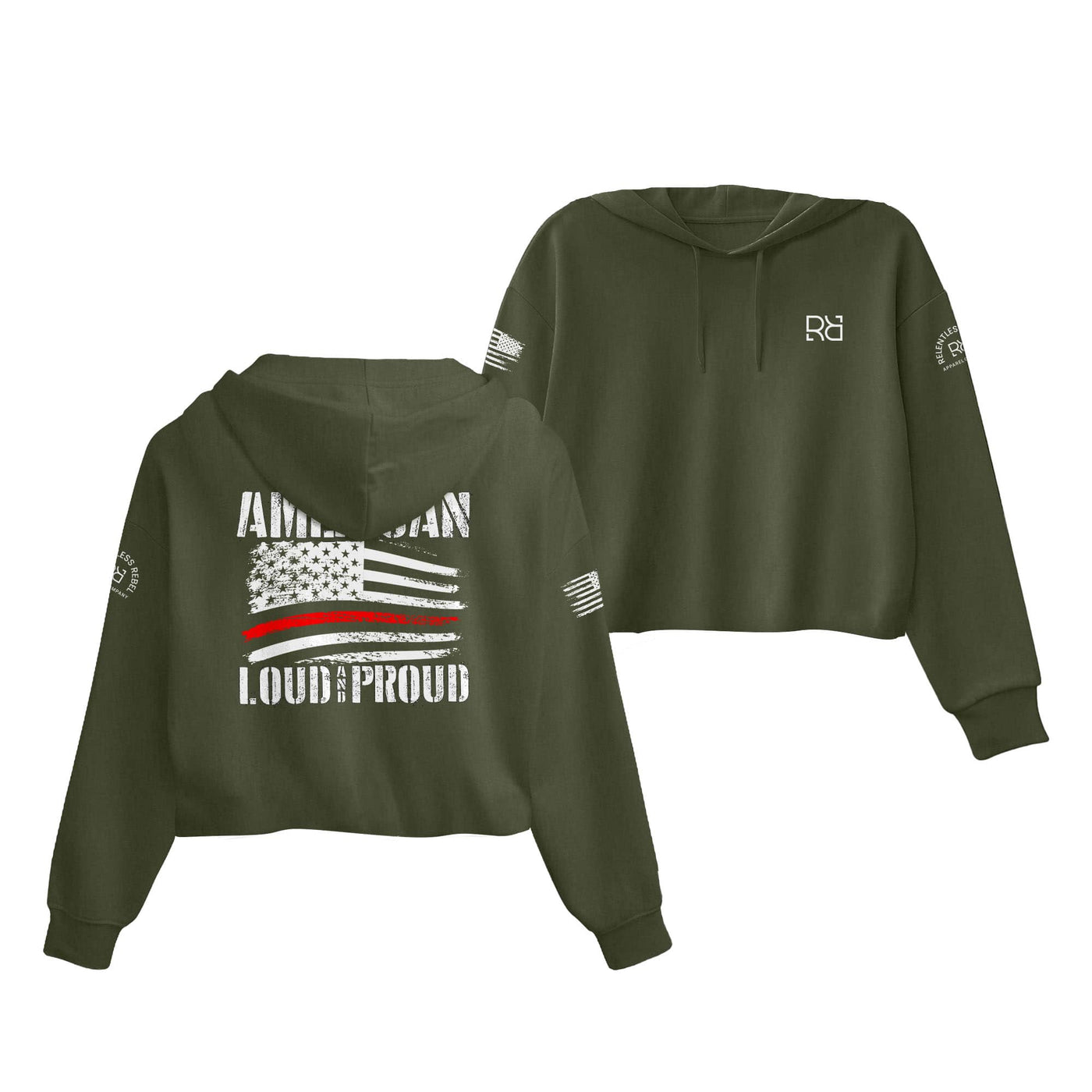 Military Green American Loud and Proud Women's Cropped Hoodie