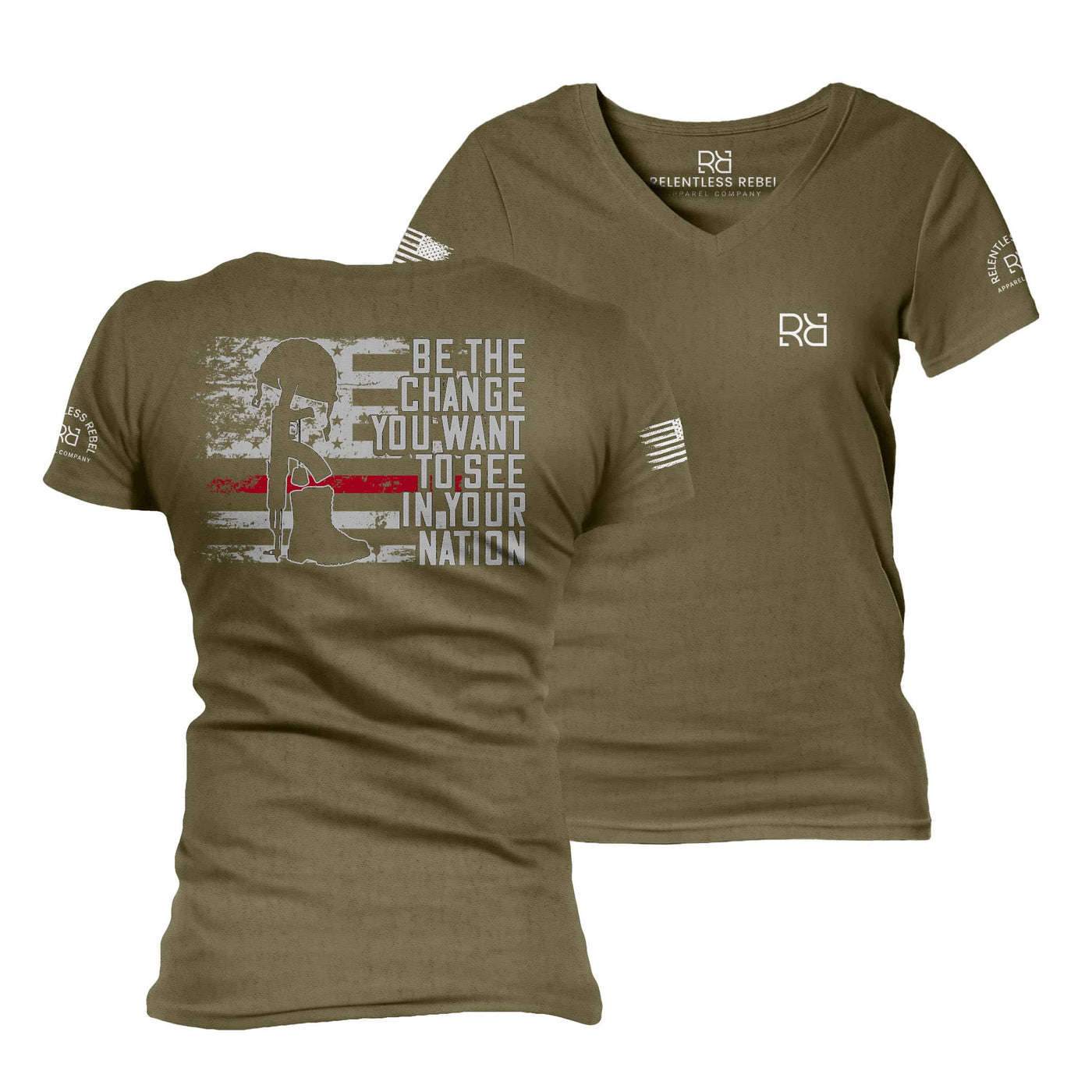 Military Green Be The Change Women's V-Neck Tee