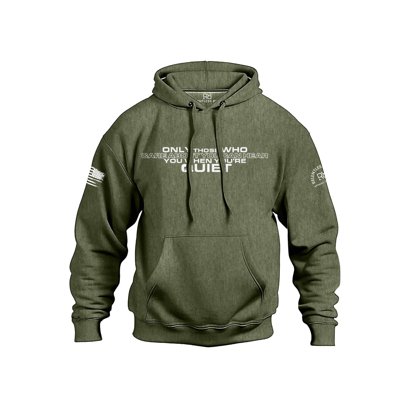Military Green hoodie with text and logos on a white background