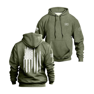 Military Green hoodie with American flag design on the back, displayed from front and back views.
