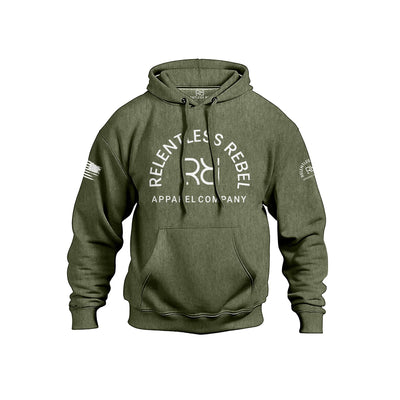 Military Green hoodie with 'Relentless Rebel Apparel Company' logo on a white background