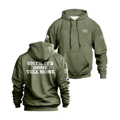 Military Green hoodie with text and logos on front and back on a white background