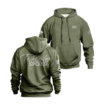 Military Green hoodie with text and logos on front and back, on a white background