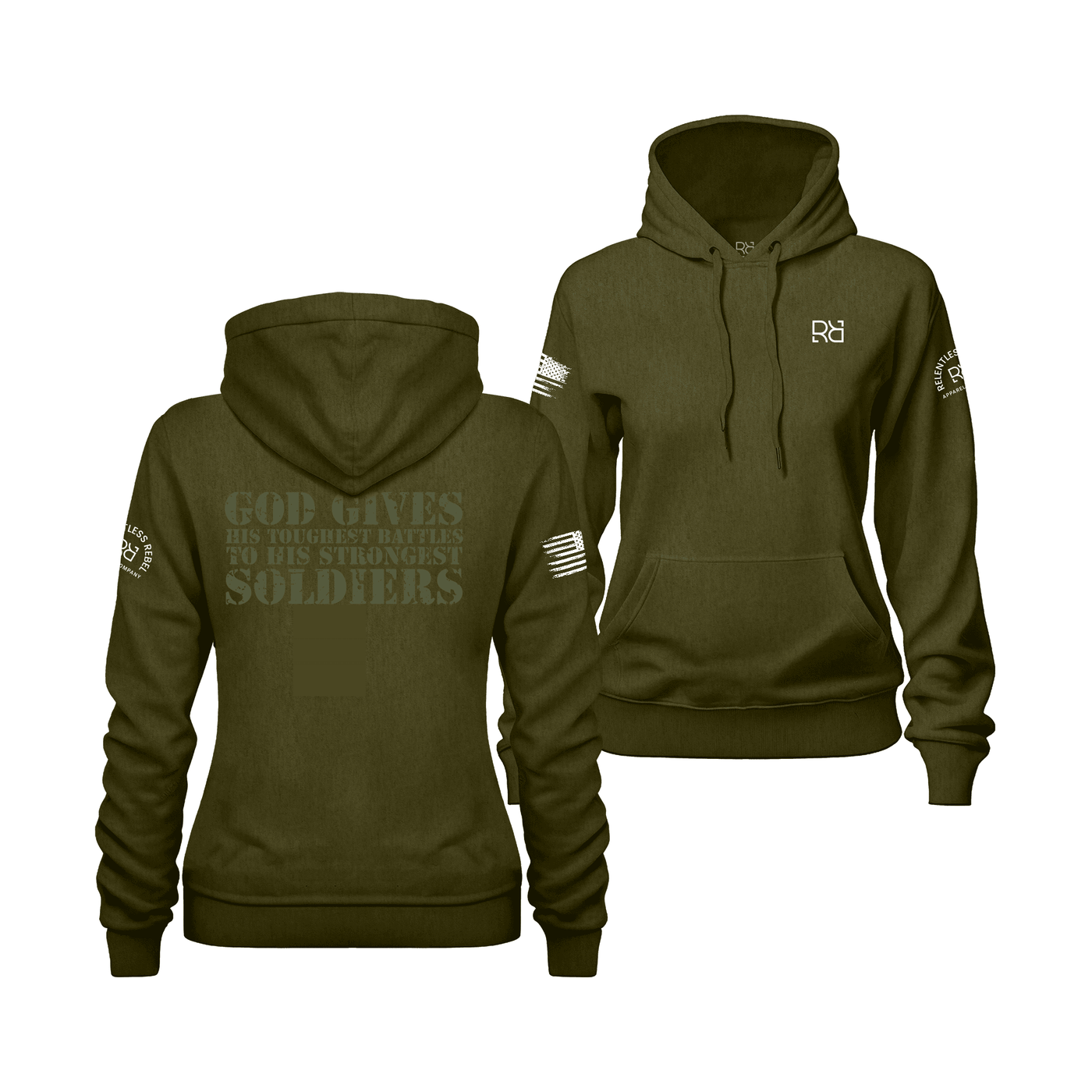 God Gives His Toughest Battles Military Green Women's Hoodie