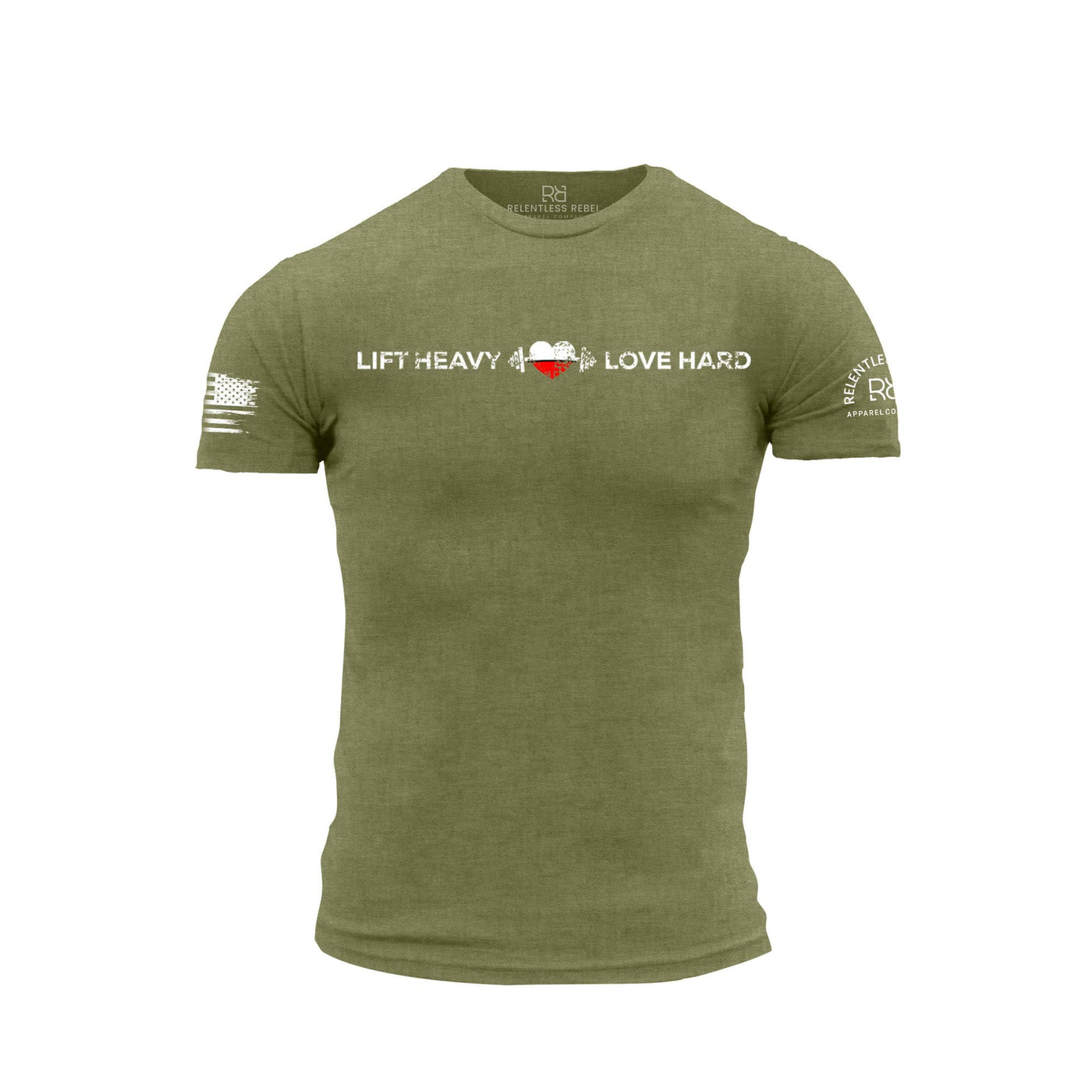 Military Green Men's Lift Heavy Love Hard Front Design Tee