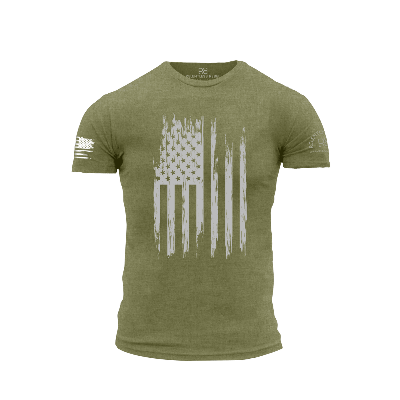 Green t-shirt with American flag graphic on a white background