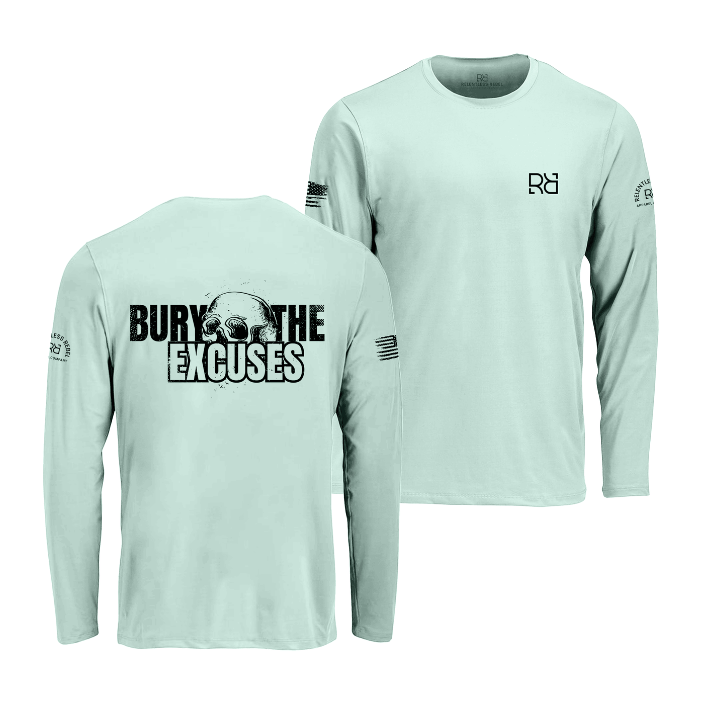 Mint long-sleeve shirt with text and logos on a white background