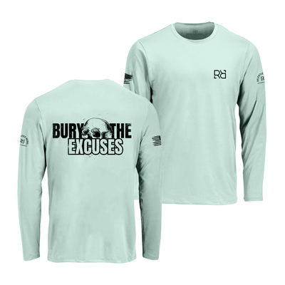 Mint long-sleeve shirt with text and logos on a white background