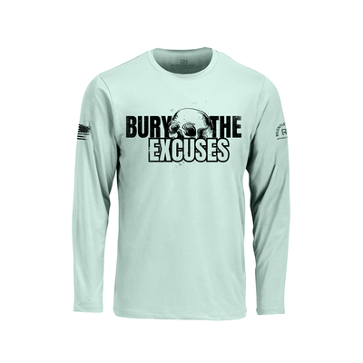 Mint long-sleeve shirt with 'Bury the Excuses' text and skull graphic on a white background